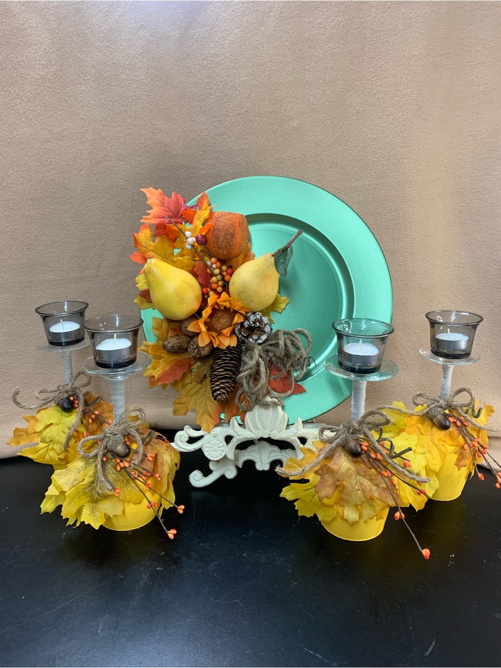 Decorative Fall Centerpiece with green Charger and Yellow Accents